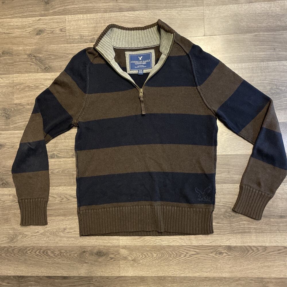 Vtg American Eagle Mens Medium 1/4 Zip Sweater Brown Navy Blue Stripe Cotton Y2K